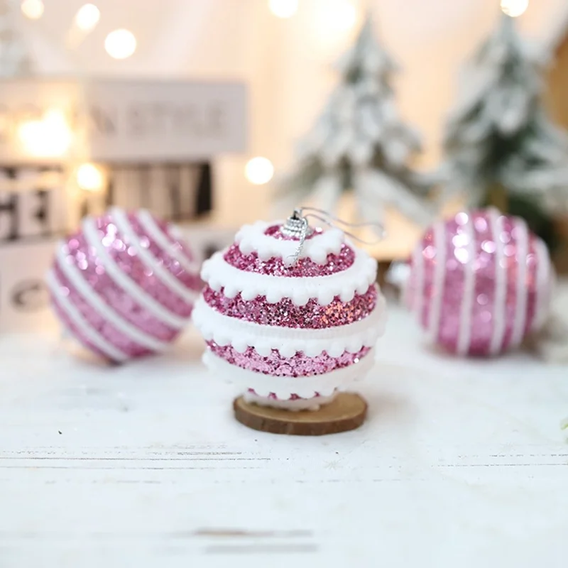 Lot de 3 boules de Noël de 8 cm, décorations suspendues à rayures scintillantes et superposées - Or