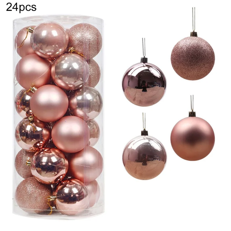24 pièces de boules de décoration de Noël de 6 cm, ornements en plastique plaqué, décorations pour sapin de Noël - Or rose