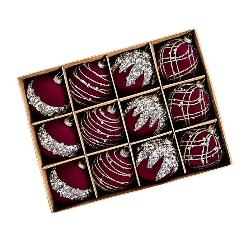 12Pcs / Set 6cm Christmas Ball Ornaments Flocked Surface Xmas Tree Hanging Decorations Party Supplies - Red