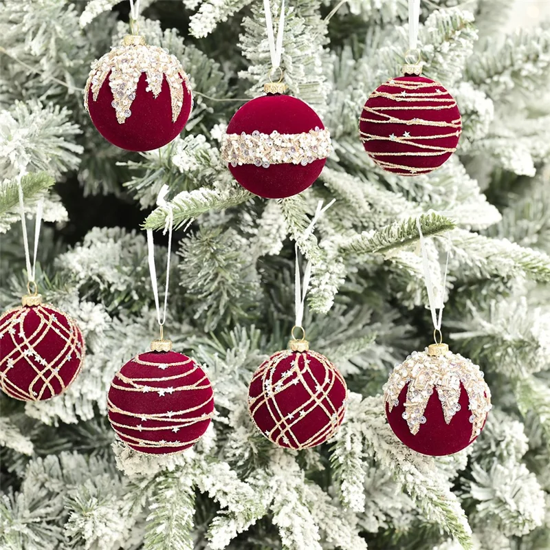 12Pcs / Set 6cm Christmas Ball Ornaments Flocked Surface Xmas Tree Hanging Decorations Party Supplies - Red