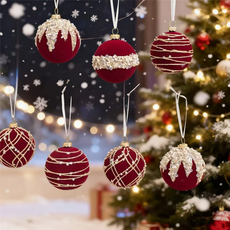 12Pcs / Set 6cm Christmas Ball Ornaments Flocked Surface Xmas Tree Hanging Decorations Party Supplies - Red