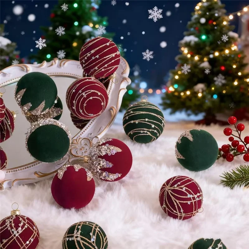 12Pcs / Set 6cm Christmas Ball Ornaments Flocked Surface Xmas Tree Hanging Decorations Party Supplies - Red