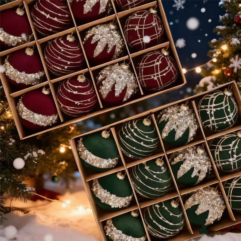 12Pcs / Set 6cm Christmas Ball Ornaments Flocked Surface Xmas Tree Hanging Decorations Party Supplies - Red