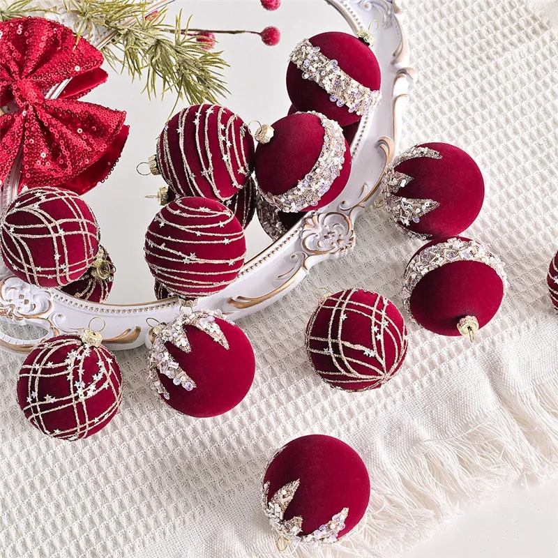 12Pcs / Set 6cm Christmas Ball Ornaments Flocked Surface Xmas Tree Hanging Decorations Party Supplies - Red