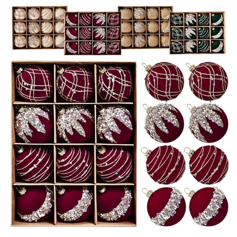 12Pcs / Set 6cm Christmas Ball Ornaments Flocked Surface Xmas Tree Hanging Decorations Party Supplies - Red