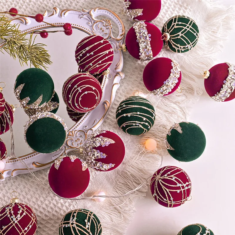 12Pcs / Set 6cm Christmas Ball Ornaments Flocked Surface Xmas Tree Hanging Decorations Party Supplies - Red