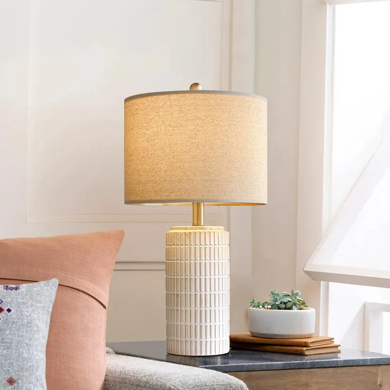 Ceramic Table Lamp E27 Socket Fabric Shade Bedside Desk Light without Light Bulbs for Bedroom Study Room