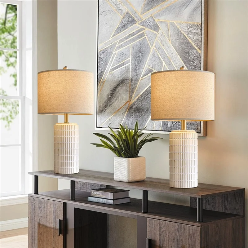 Ceramic Table Lamp E27 Socket Fabric Shade Bedside Desk Light without Light Bulbs for Bedroom Study Room