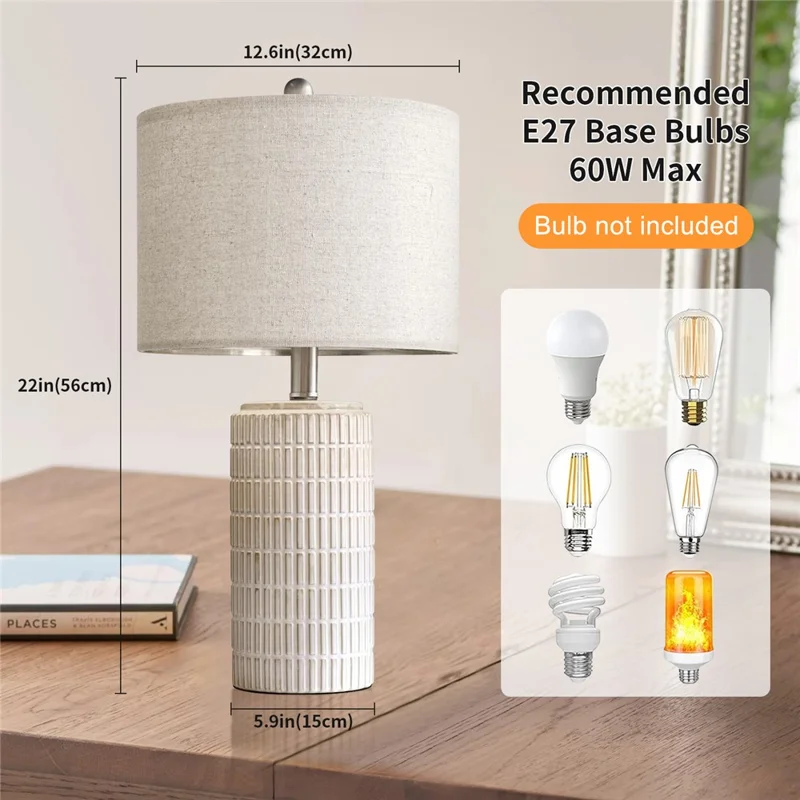 Ceramic Table Lamp E27 Socket Fabric Shade Bedside Desk Light without Light Bulbs for Bedroom Study Room