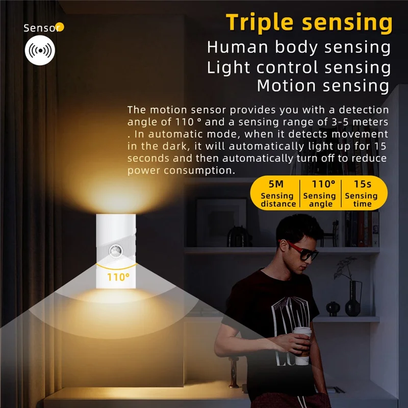 YSJ-008 1Pc Motion Sensor LED Night Light Magnetic Wall Lamp Dimmable 3 Color Temperature Dual Direction Light - White