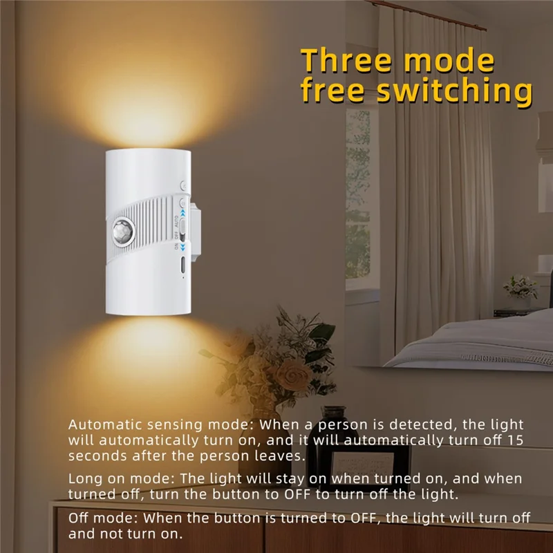 YSJ-008 1Pc Motion Sensor LED Night Light Magnetic Wall Lamp Dimmable 3 Color Temperature Dual Direction Light - White