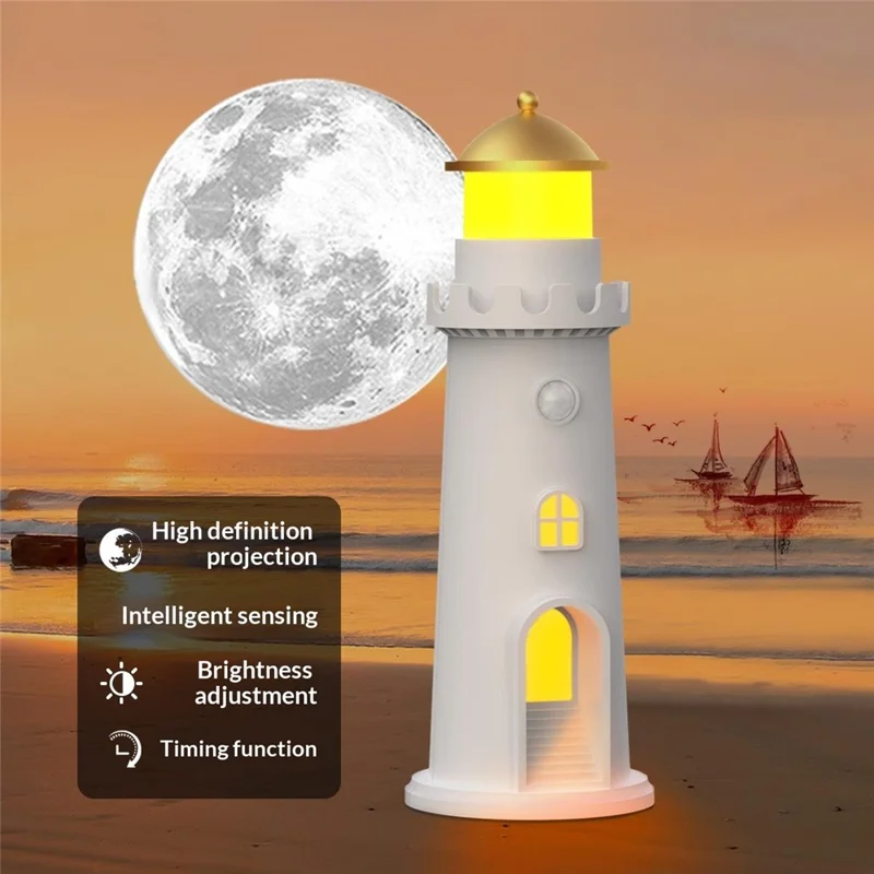 YSJ-016 Veilleuse Projecteur de Lune avec Capteur de Mouvement Intelligente, Forme de Phare, Lumière Chaude avec Minuterie, Idéale pour Chambre à Coucher
