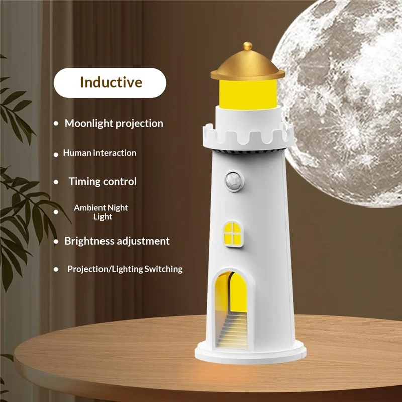 YSJ-016 Veilleuse Projecteur de Lune avec Capteur de Mouvement Intelligente, Forme de Phare, Lumière Chaude avec Minuterie, Idéale pour Chambre à Coucher
