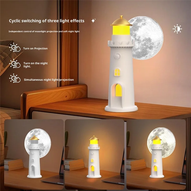 YSJ-016 Veilleuse Projecteur de Lune avec Capteur de Mouvement Intelligente, Forme de Phare, Lumière Chaude avec Minuterie, Idéale pour Chambre à Coucher