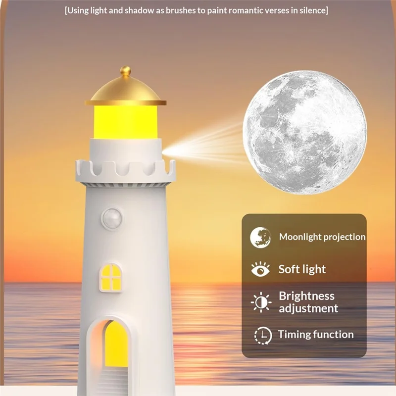 YSJ-016 Veilleuse Projecteur de Lune avec Capteur de Mouvement Intelligente, Forme de Phare, Lumière Chaude avec Minuterie, Idéale pour Chambre à Coucher