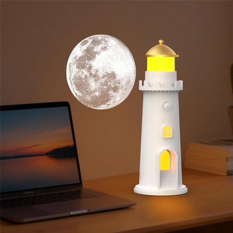 YSJ-016 Veilleuse Projecteur de Lune avec Capteur de Mouvement Intelligente, Forme de Phare, Lumière Chaude avec Minuterie, Idéale pour Chambre à Coucher
