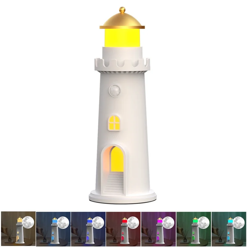 YSJ-016 RGB Color Changing Smart Motion Sensor Moon Light Lighthouse Shaped Night Light Projector Timer Warm Light for Bedroom
