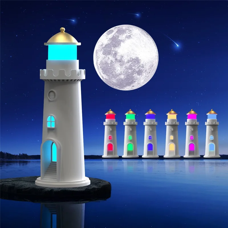 YSJ-016 RGB Color Changing Smart Motion Sensor Moon Light Lighthouse Shaped Night Light Projector Timer Warm Light for Bedroom