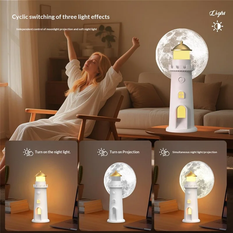 YSJ-016 RGB Color Changing Smart Motion Sensor Moon Light Lighthouse Shaped Night Light Projector Timer Warm Light for Bedroom