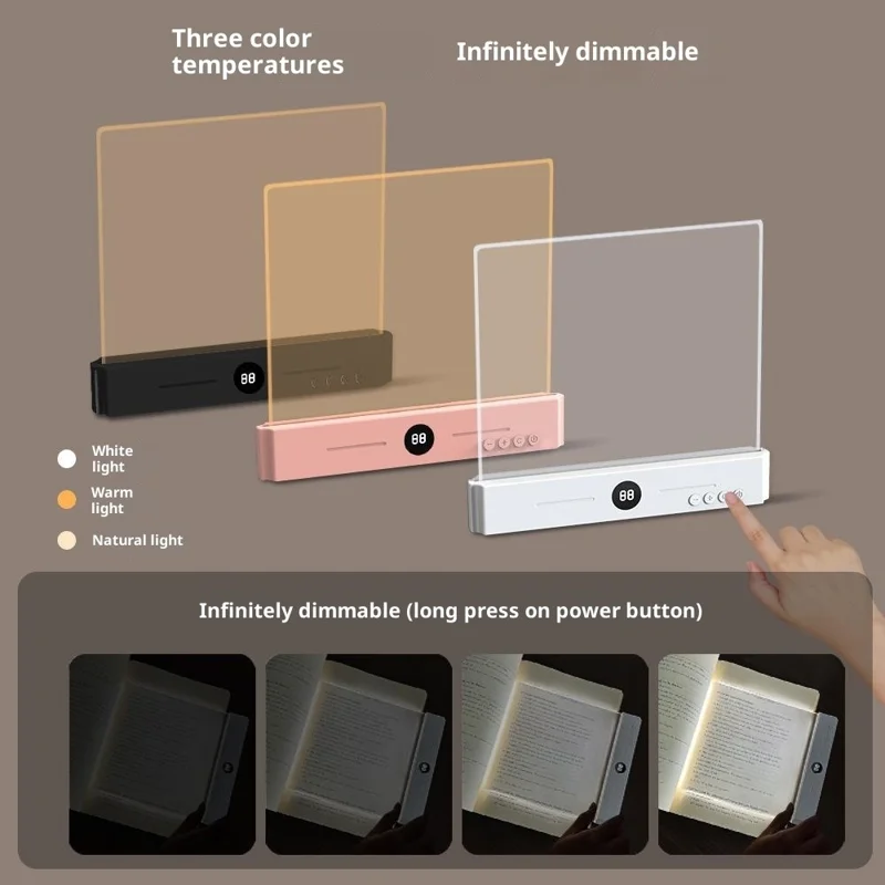 YSJ-019 Plus Infinite Brightness Adjustment Transparent Acrylic Panel LED Reading Light 3 Color Temperature Eye Care Desk Lamp with Timer - White