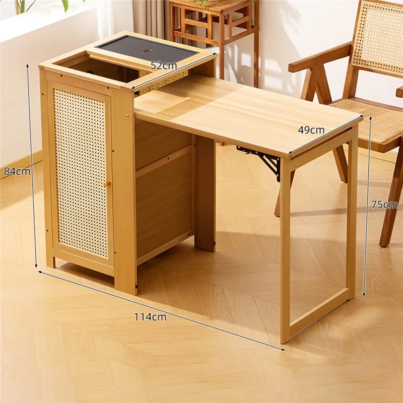 Mesa de té multifuncional plegable de 114 cm de largo 526 sin tapa, armario de bambú, organizador de almacenamiento para ceremonia del té - Color natural