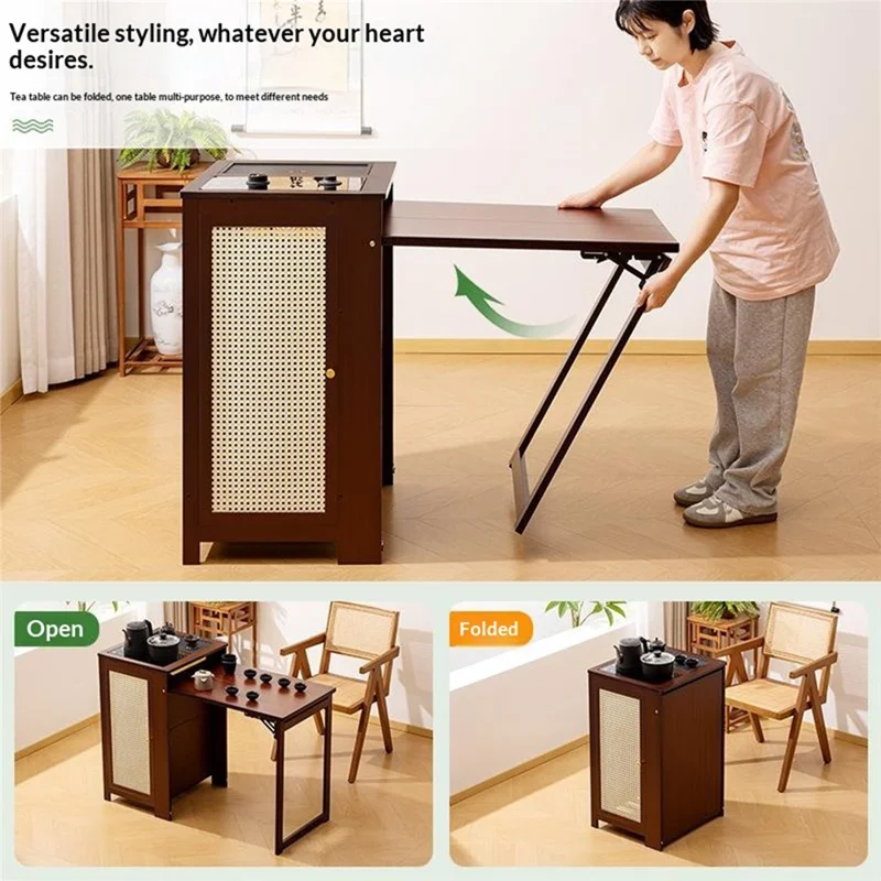Mesa de té multifuncional plegable de 114 cm de largo 526 sin tapa, armario de bambú, organizador de almacenamiento para ceremonia del té - Color natural