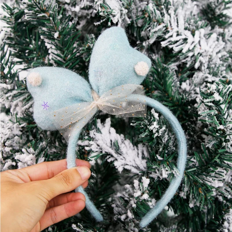 Lovely Bowknot Plush+Cloth Christmas Headband Hairband Cute Xmas Accessory Photo Props - Blue
