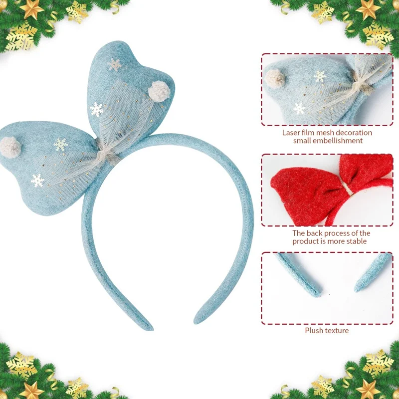 Lovely Bowknot Plush+Cloth Christmas Headband Hairband Cute Xmas Accessory Photo Props - Blue