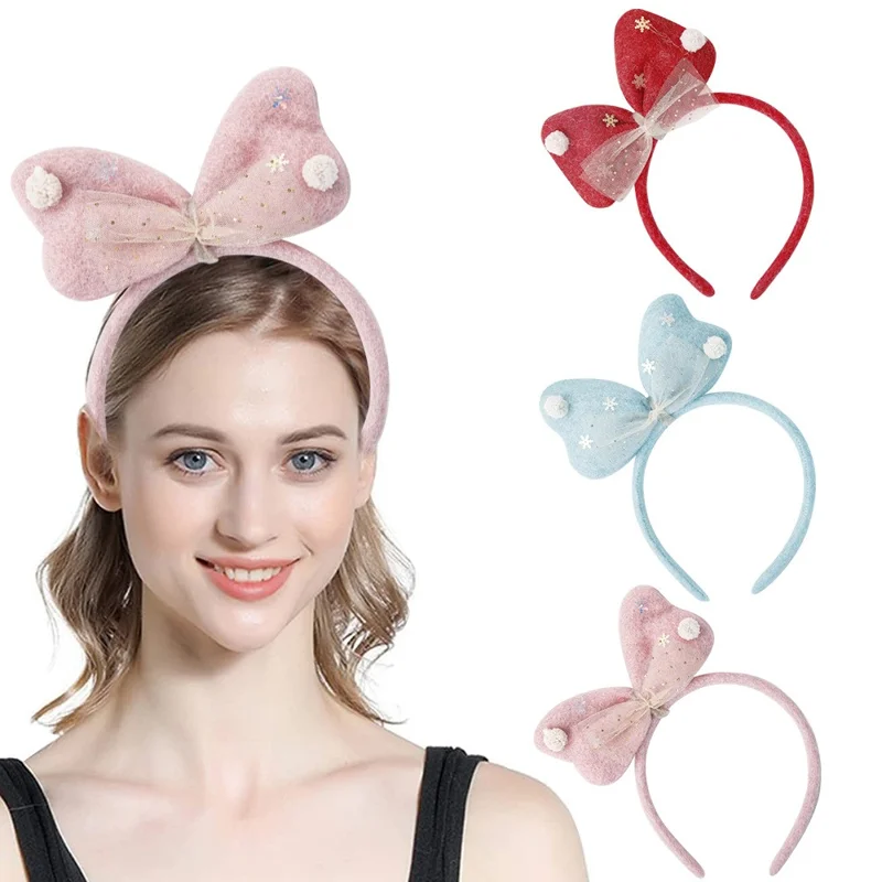 Lovely Bowknot Plush+Cloth Christmas Headband Hairband Cute Xmas Accessory Photo Props - Blue