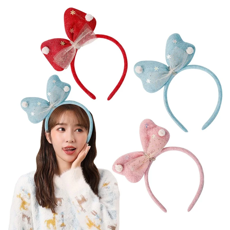 Lovely Bowknot Plush+Cloth Christmas Headband Hairband Cute Xmas Accessory Photo Props - Blue