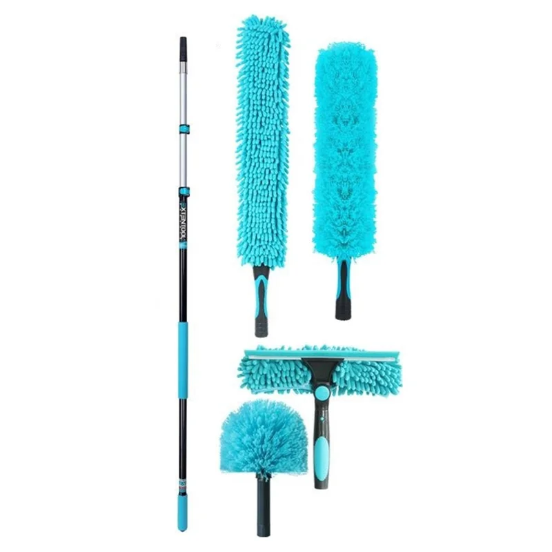 EXTENTOOL 4Pcs Dusting Kit with 3.6m Telescopic Aluminum Alloy Pole Microfiber Chenille Duster Spider Web Brush Glass Squeegee Cleaning Tool for High Ceiling