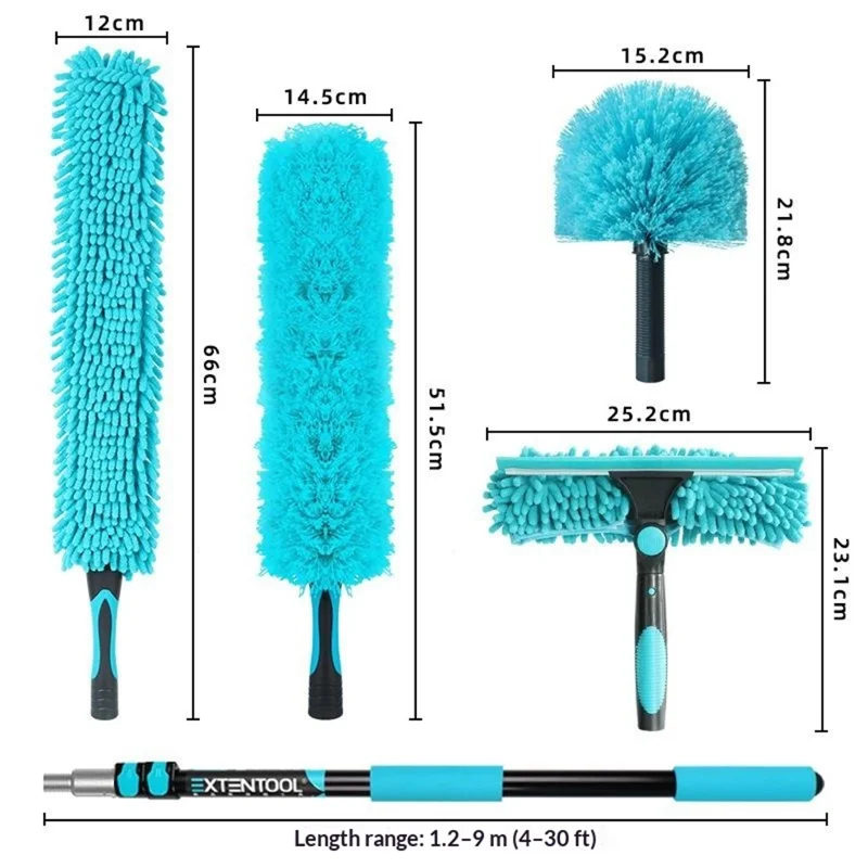 EXTENTOOL 4Pcs Dusting Kit with 3.6m Telescopic Aluminum Alloy Pole Microfiber Chenille Duster Spider Web Brush Glass Squeegee Cleaning Tool for High Ceiling