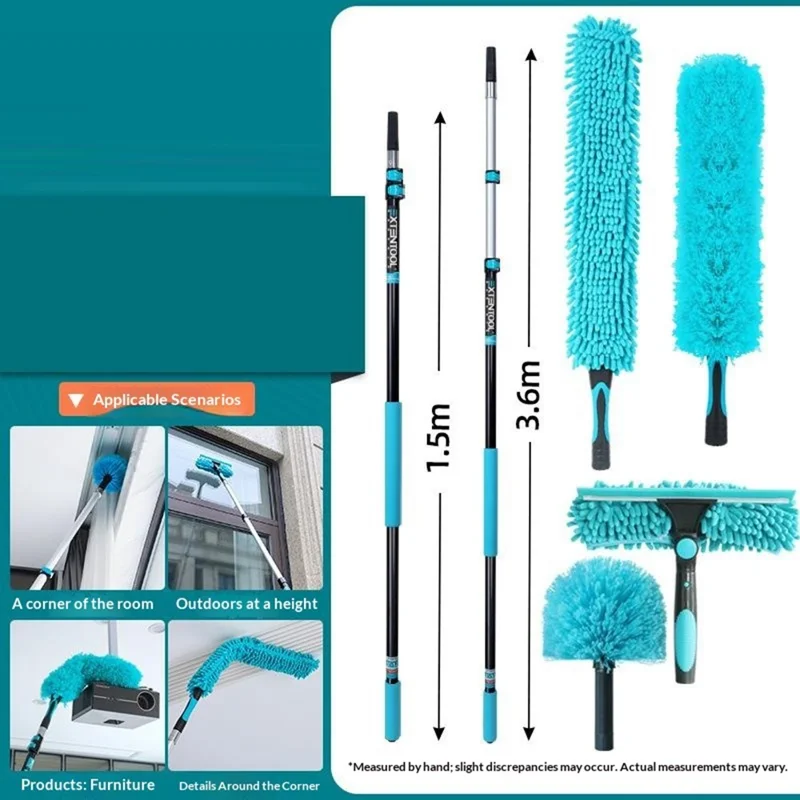 EXTENTOOL 4Pcs Dusting Kit with 3.6m Telescopic Aluminum Alloy Pole Microfiber Chenille Duster Spider Web Brush Glass Squeegee Cleaning Tool for High Ceiling
