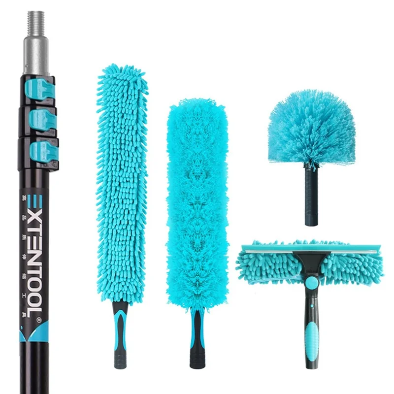 EXTENTOOL 4Pcs Dusting Kit with 3.6m Telescopic Aluminum Alloy Pole Microfiber Chenille Duster Spider Web Brush Glass Squeegee Cleaning Tool for High Ceiling