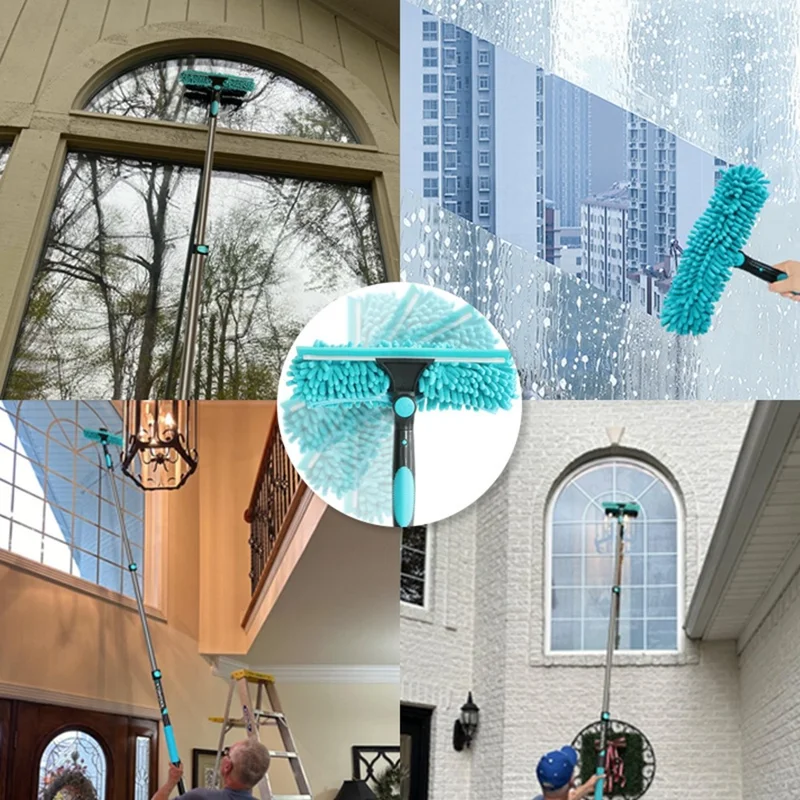 EXTENTOOL 4Pcs Dusting Kit with 3.6m Telescopic Aluminum Alloy Pole Microfiber Chenille Duster Spider Web Brush Glass Squeegee Cleaning Tool for High Ceiling