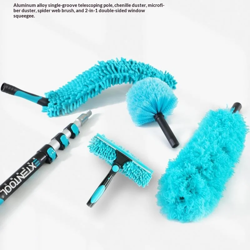 EXTENTOOL 4Pcs Dusting Kit with 3.6m Telescopic Aluminum Alloy Pole Microfiber Chenille Duster Spider Web Brush Glass Squeegee Cleaning Tool for High Ceiling