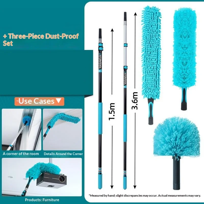 EXTENTOOL 3-teiliges Staubputz-Set mit 3,6 m teleskopierbarem Aluminiumlegierungs-Pflock, Mikrofaser-Chenilleduster, Spinnwebenbürste, Reinigungswerkzeug für hohe Decken
