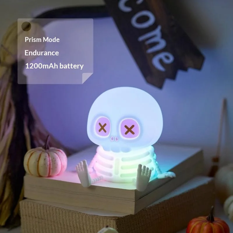 Halloween Skeleton LED Night Light Touch Control 7-Color RGB 1200mAh USB Rechargeable Silicone Lamp
