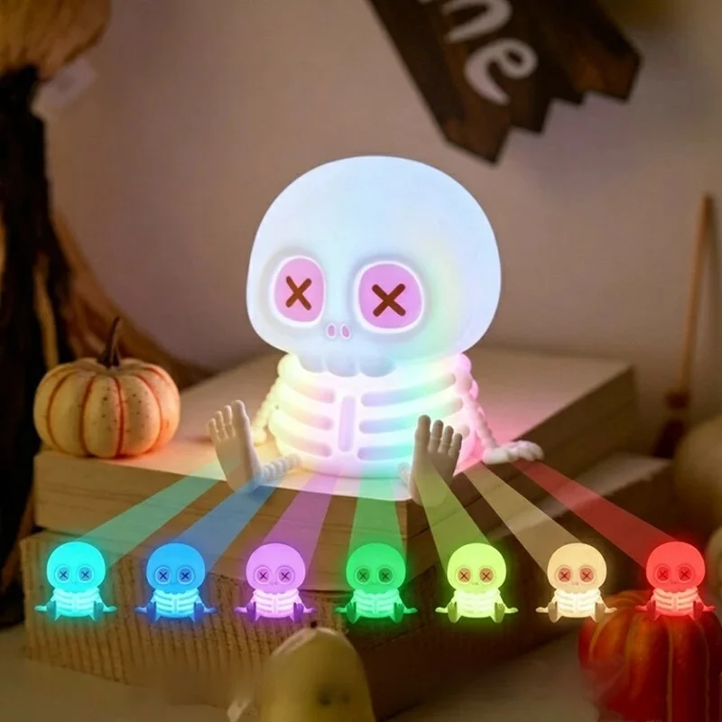 Halloween Skeleton LED Night Light Touch Control 7-Color RGB 1200mAh USB Rechargeable Silicone Lamp