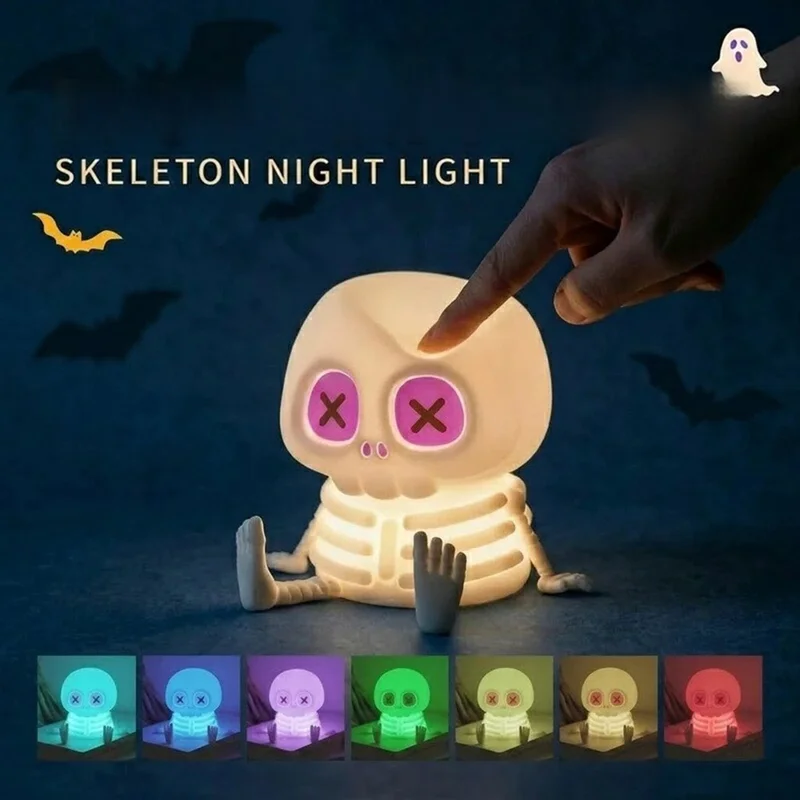 Halloween Skeleton LED Night Light Touch Control 7-Color RGB 1200mAh USB Rechargeable Silicone Lamp