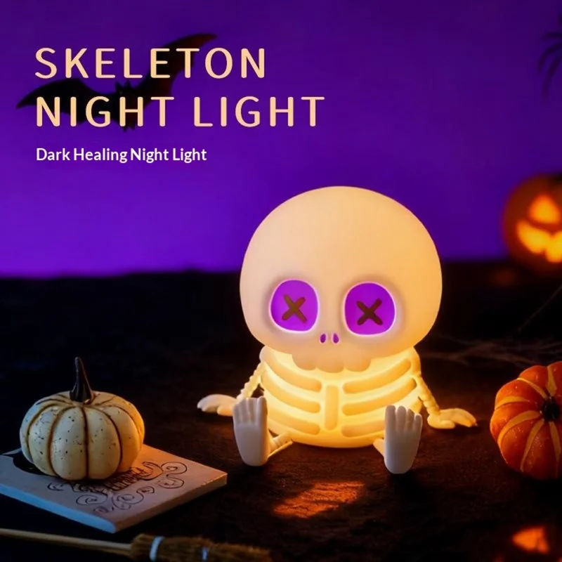 Halloween Skeleton LED Night Light Touch Control 7-Color RGB 1200mAh USB Rechargeable Silicone Lamp