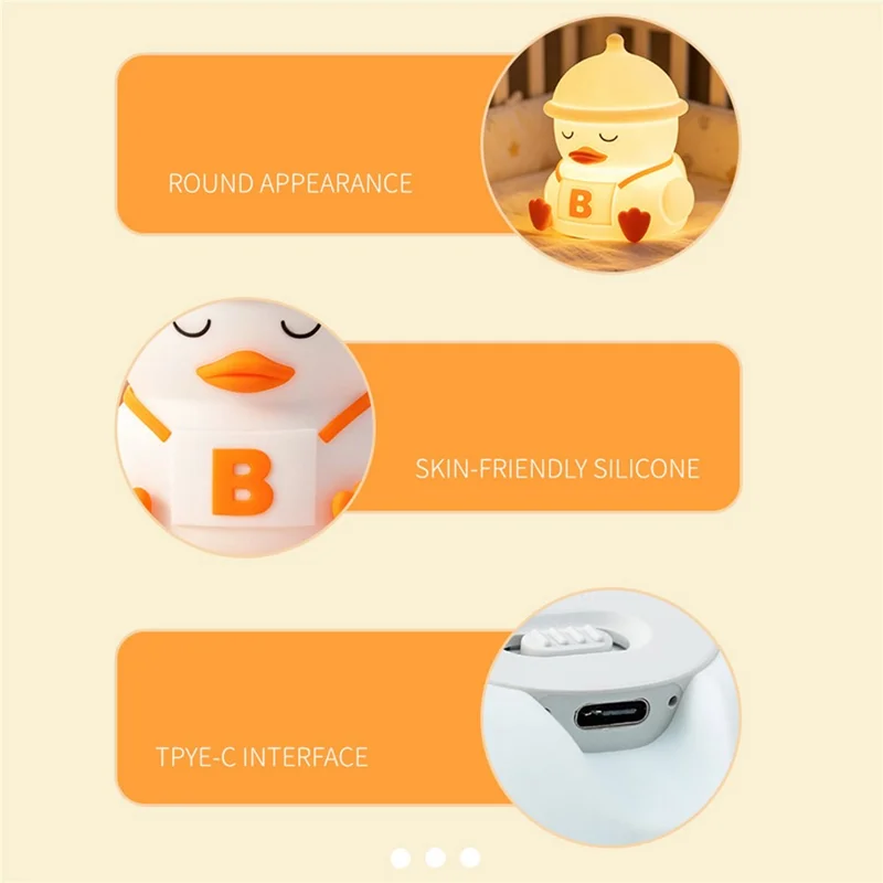 Duck Shape Silicone Night Light 2000mAh USB Rechargeable 3-Level Brightness Touch Control for Kids Room