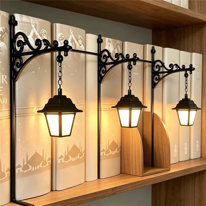 Vintage Iron Bookend Lantern Bookshelf Decor LED Warm Light Battery Powered for Reading Corner - Lantern