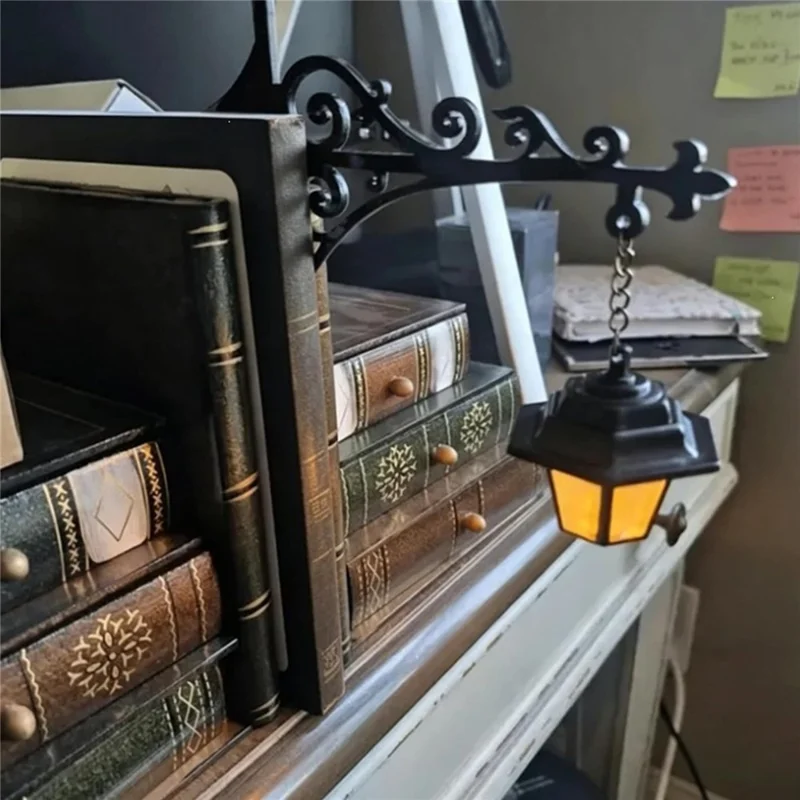 Vintage Iron Bookend Lantern Bookshelf Decor LED Warm Light Battery Powered for Reading Corner - Lantern