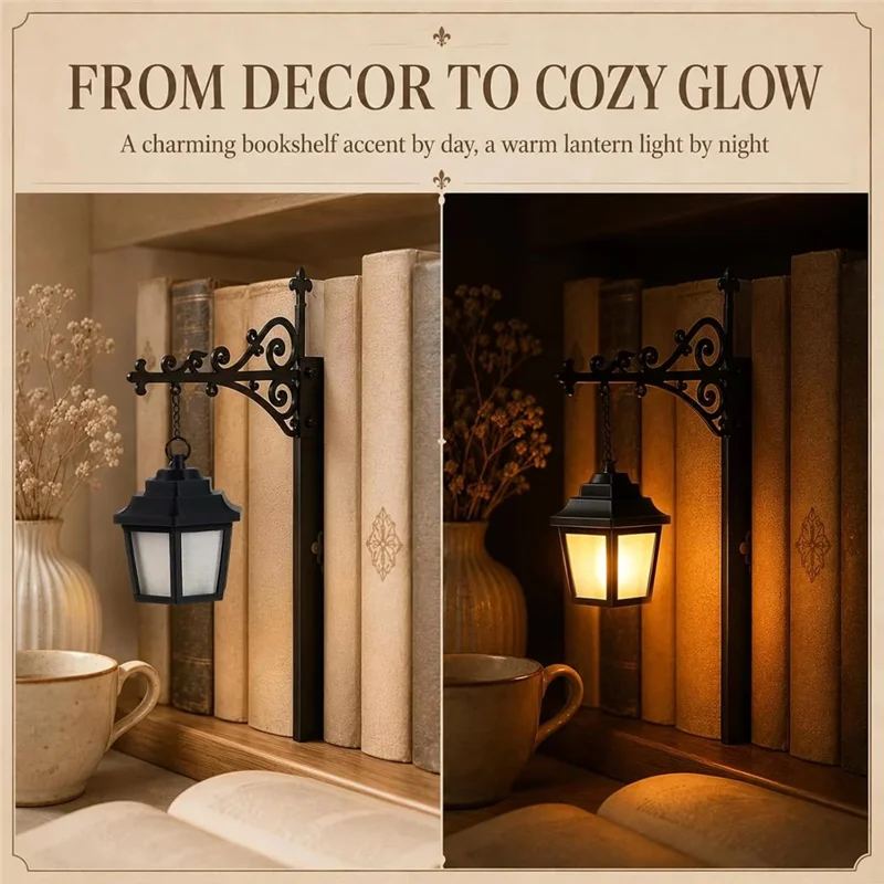 Vintage Iron Bookend Lantern Bookshelf Decor LED Warm Light Battery Powered for Reading Corner - Lantern