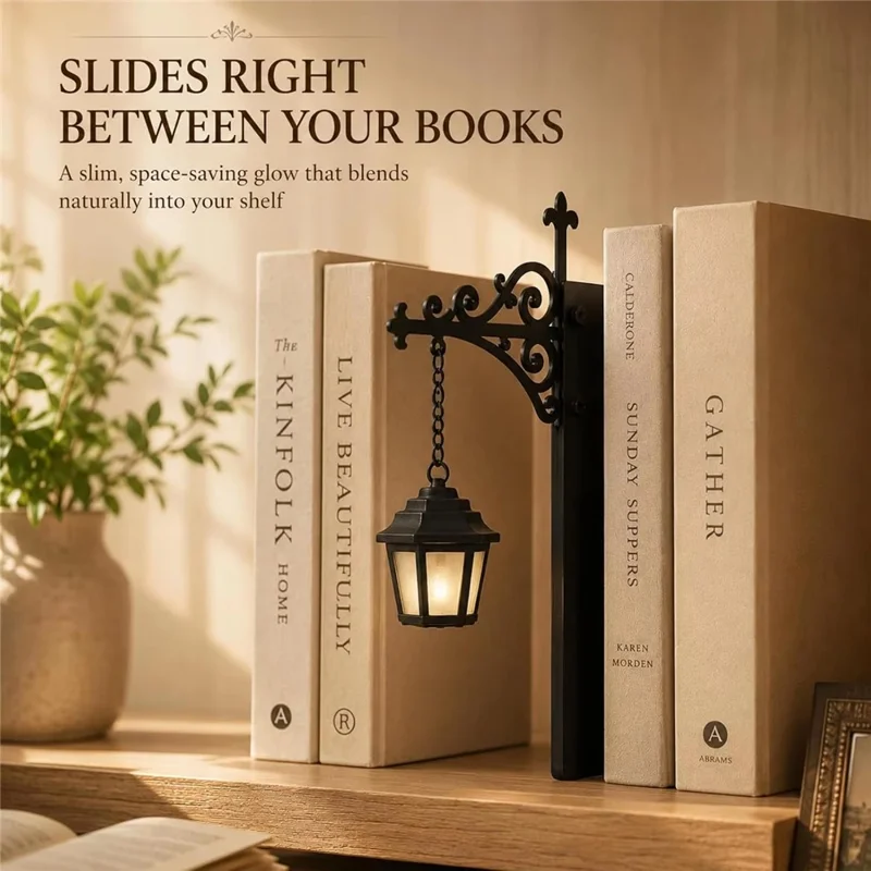Vintage Iron Bookend Lantern Bookshelf Decor LED Warm Light Battery Powered for Reading Corner - Lantern