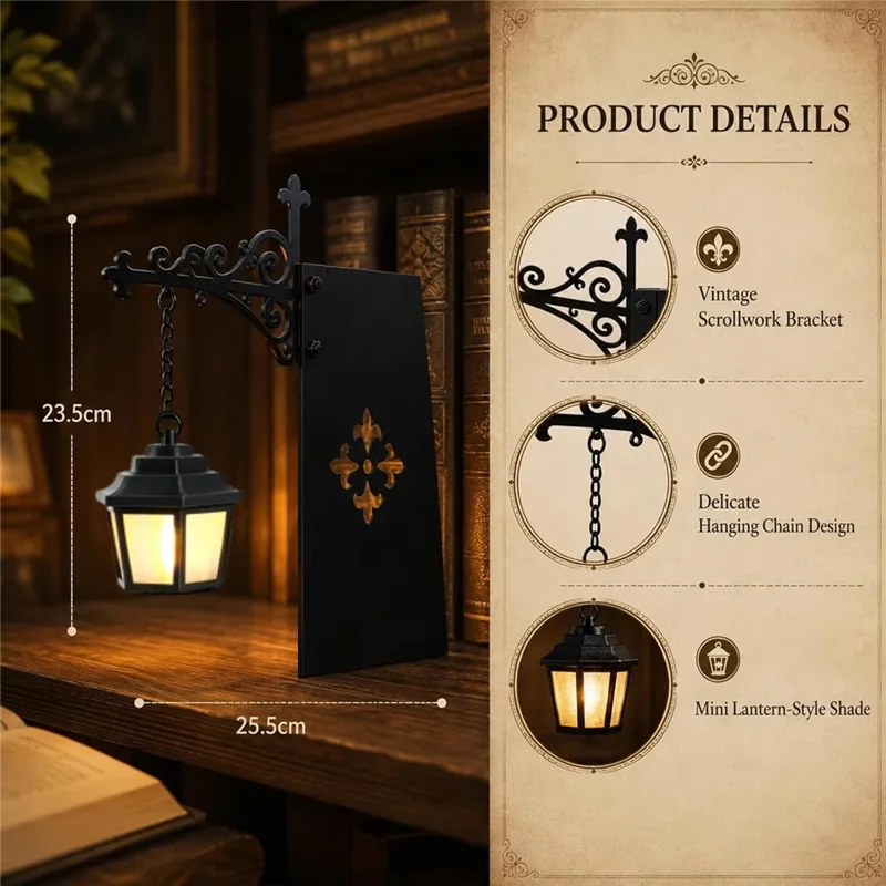 Vintage Iron Bookend Lantern Bookshelf Decor LED Warm Light Battery Powered for Reading Corner - Lantern