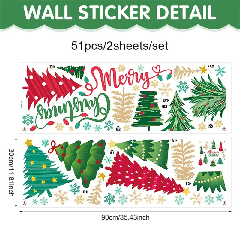 2 Sheets Christmas Tree Wall Sticker PVC Self-Adhesive Removable Decals for Living Room Bedroom Holiday Decor