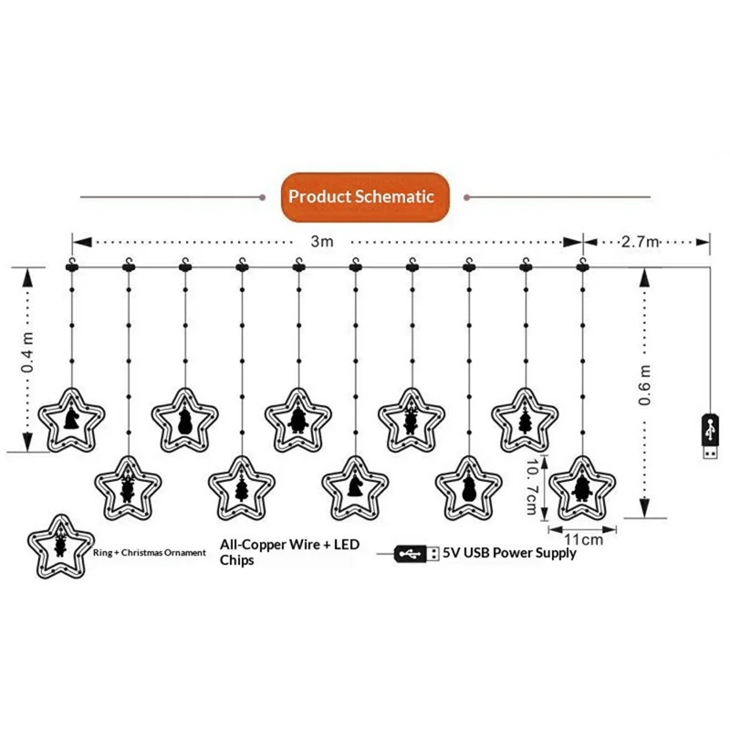 Christmas Star Curtain String Lights USB 5V 8 Modes Remote Control Waterproof for Indoor Outdoor Window Decor - Star / Warm White