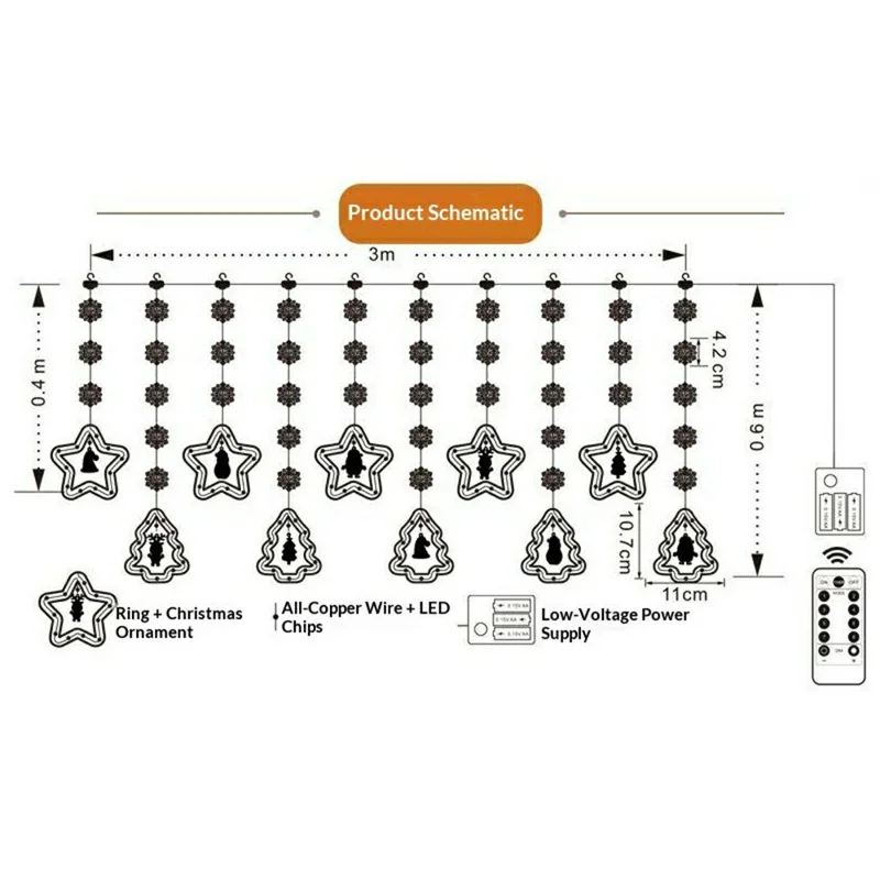 USB Powered Christmas Curtain String Lights with Star Tree Snowflake Pendants Remote Control for Window Decor - Star+Snowflake / Warm White